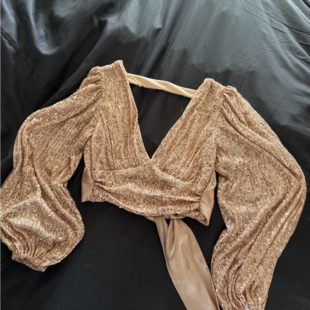 Windsor Gold Sequin Balloon Sleeve V-Neck Crop Top